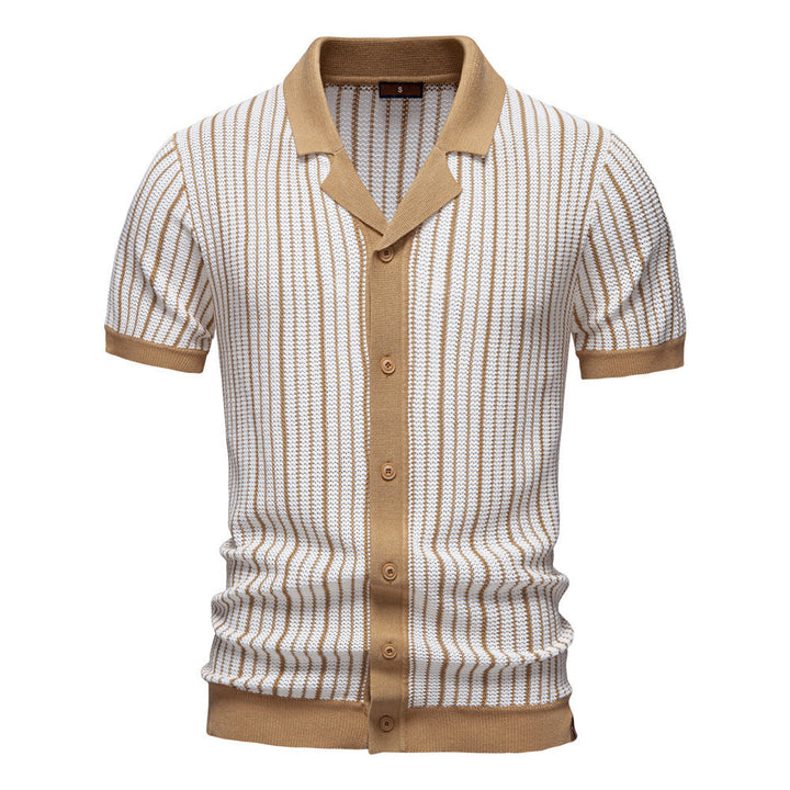 Striped men's short sleeve polo shirt featuring a vertical pattern. Button-front design, perfect for men's casual wear.