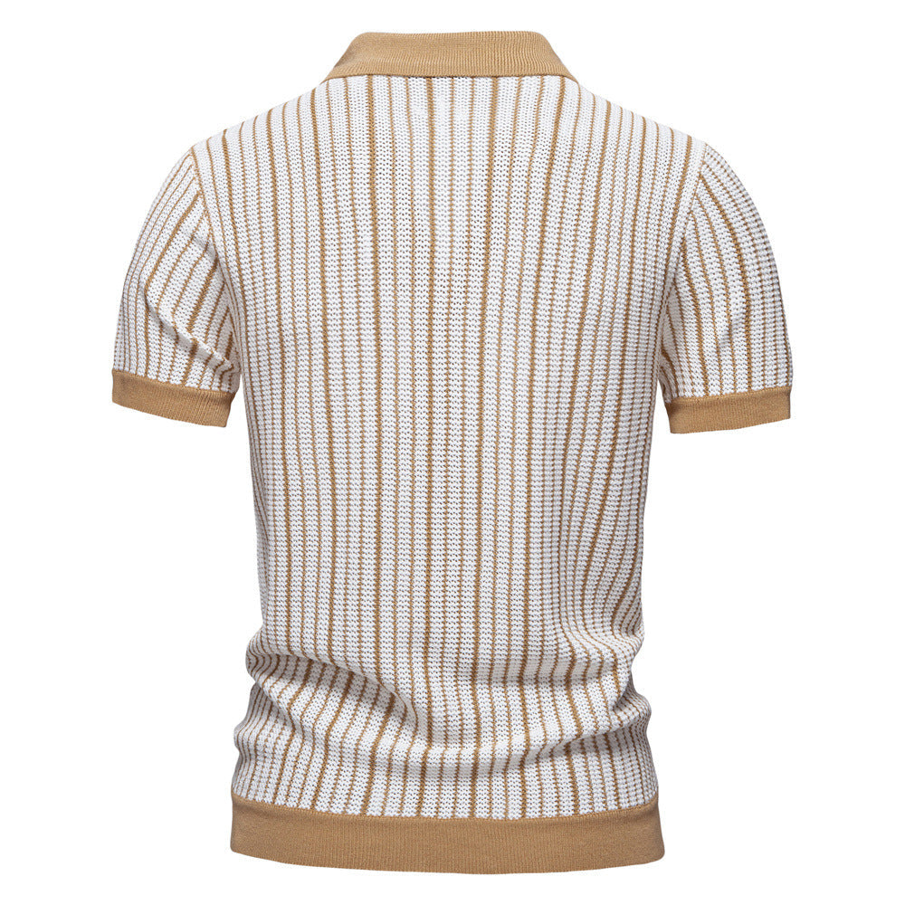 Smart casual men's short sleeve polo shirt with vertical stripes and buttons. Great for modern summer fashion.