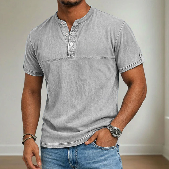 Men's summer henley shirt. Stand collar, short sleeve, casual and modern for everyday comfort.