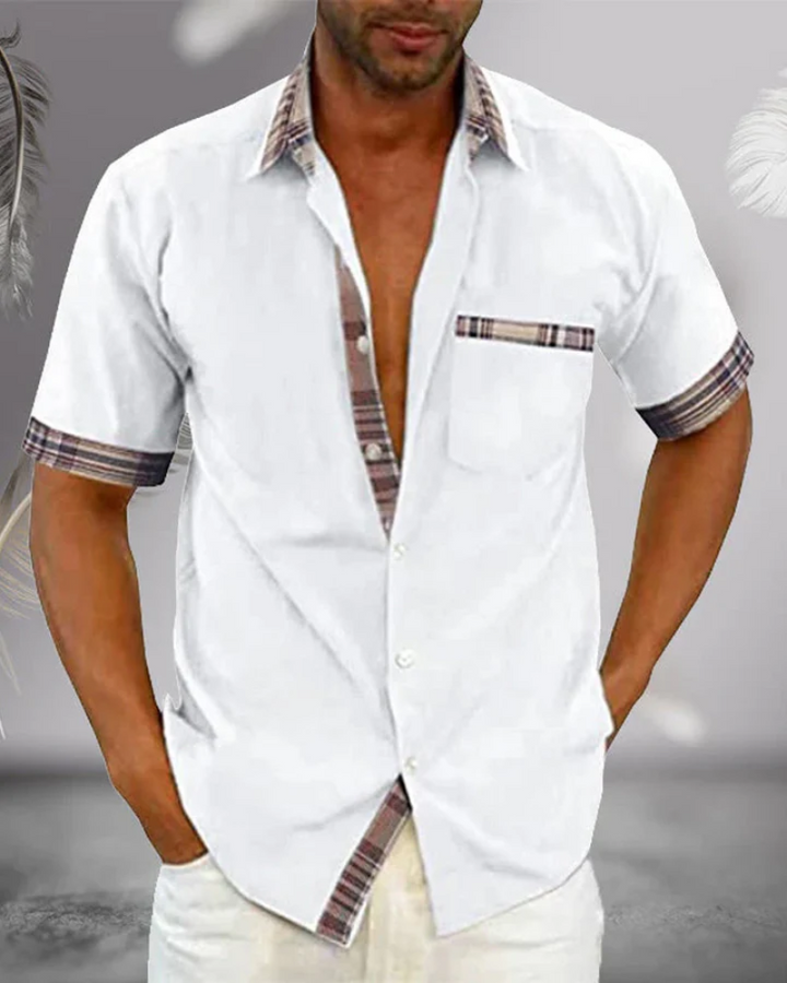 Men's short sleeve stand collar shirt, casual wear, everyday style.