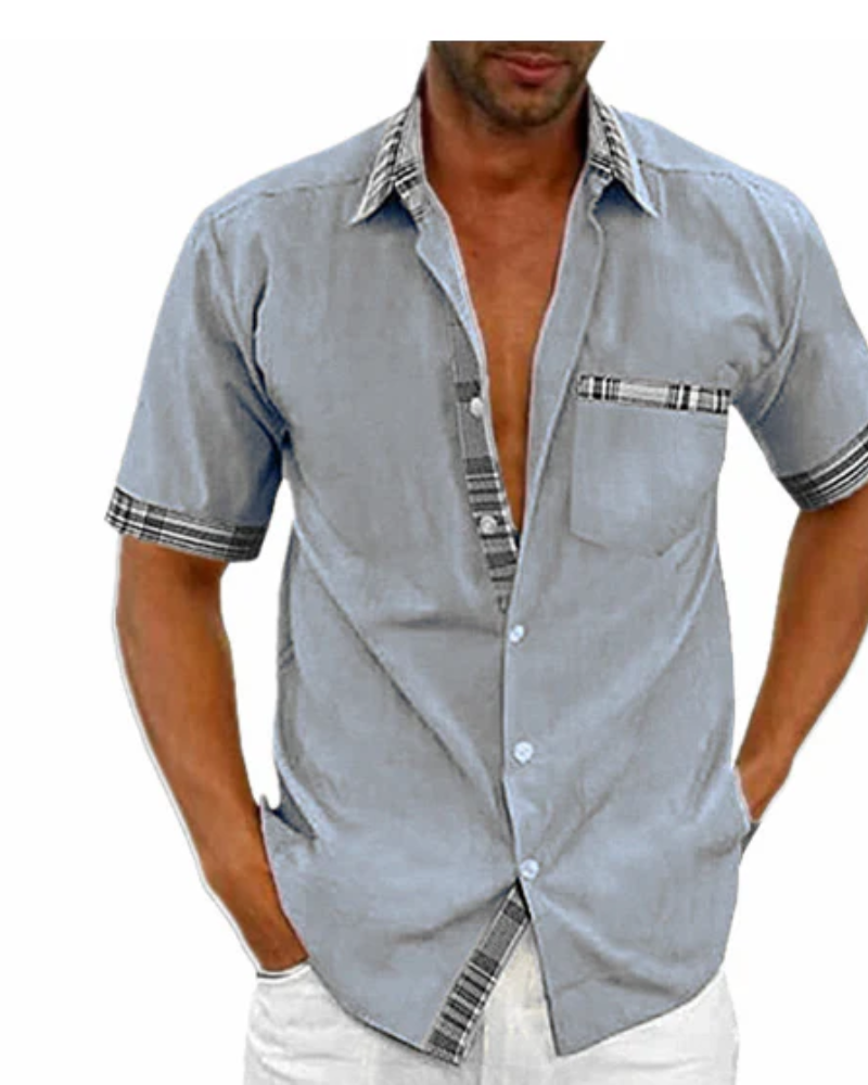 Men's everyday style: breathable short sleeve shirt with stand collar.
