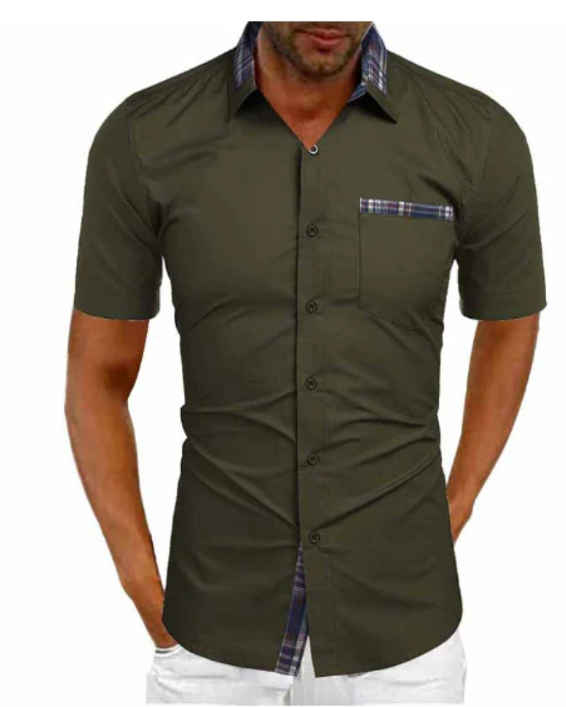Comfortable and lightweight men's short sleeve stand collar shirt.
