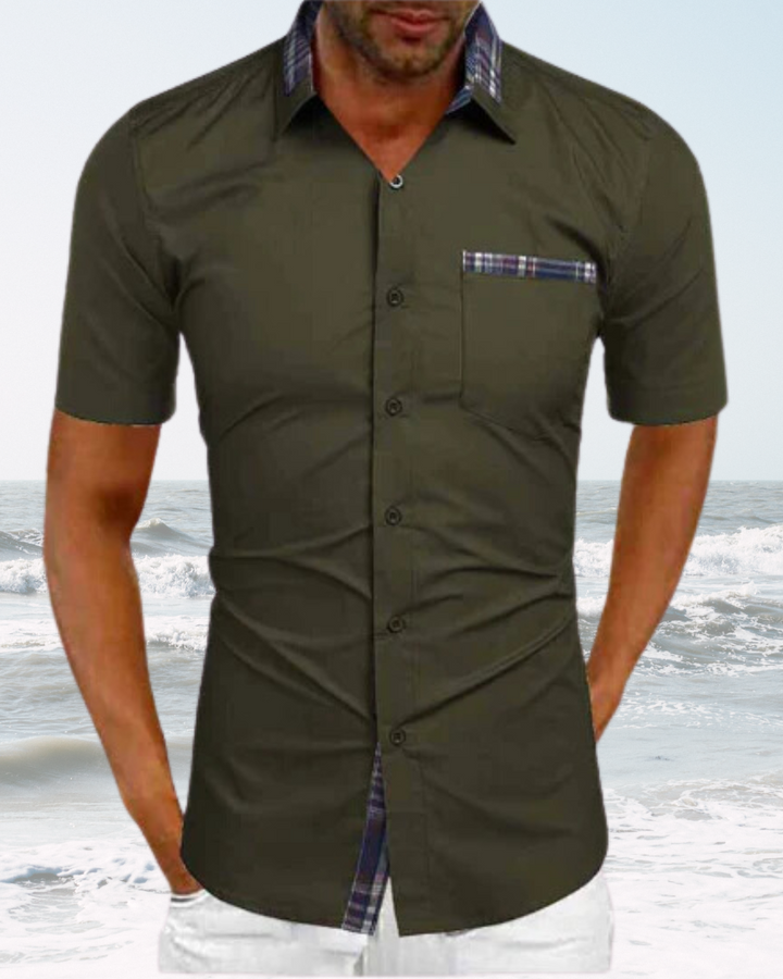 Stylish short sleeve shirt with a modern stand collar design.