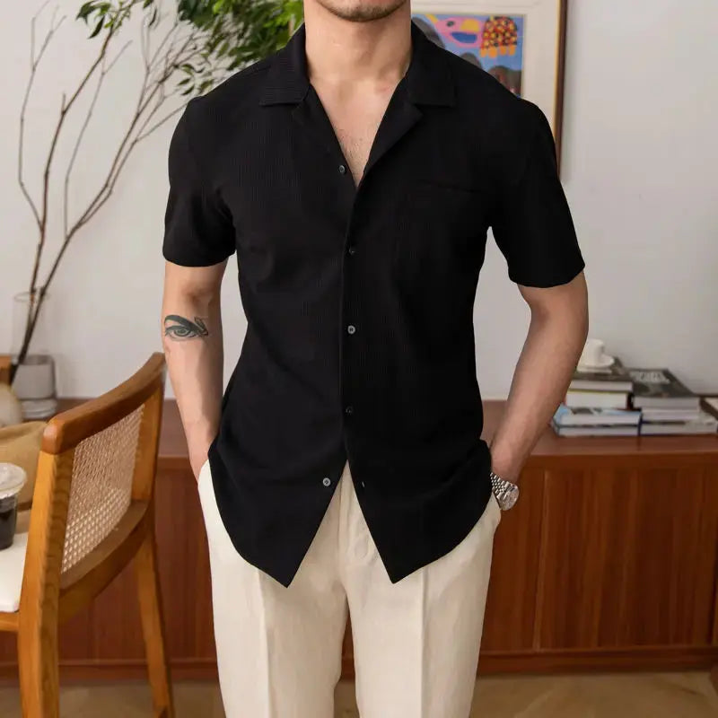 Men's short sleeve textured open collar casual shirt. Perfect for summer, smart casual, and modern everyday wear.