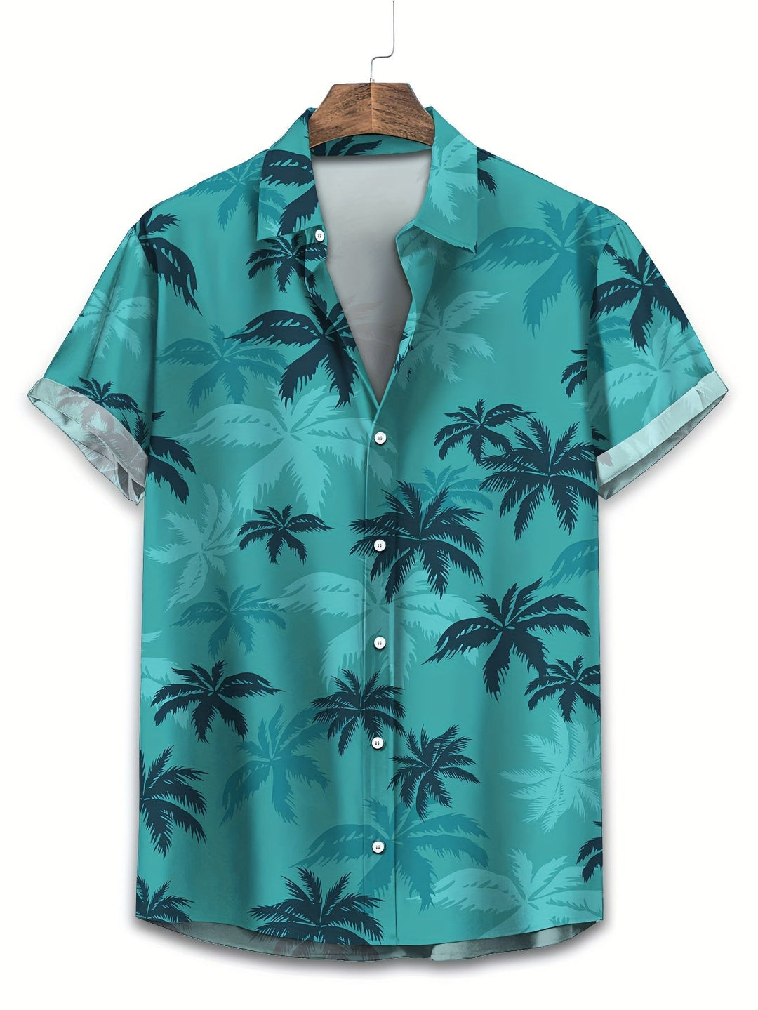 Men's short sleeve tropical palm tree print casual button-down shirt for summer.