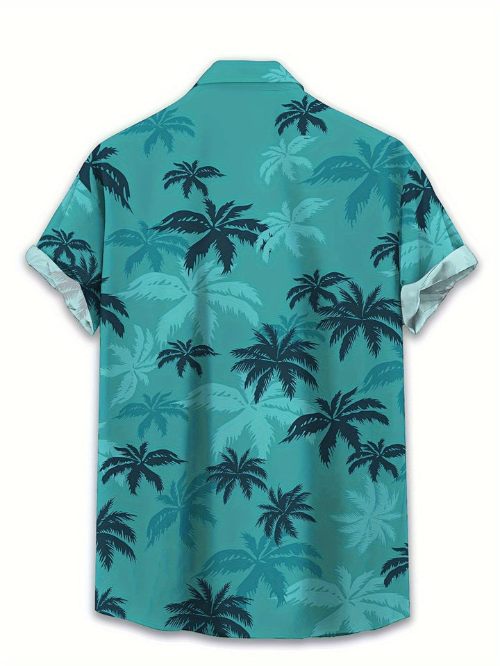 Close-up of vibrant palm tree print on a men's short sleeve casual shirt.