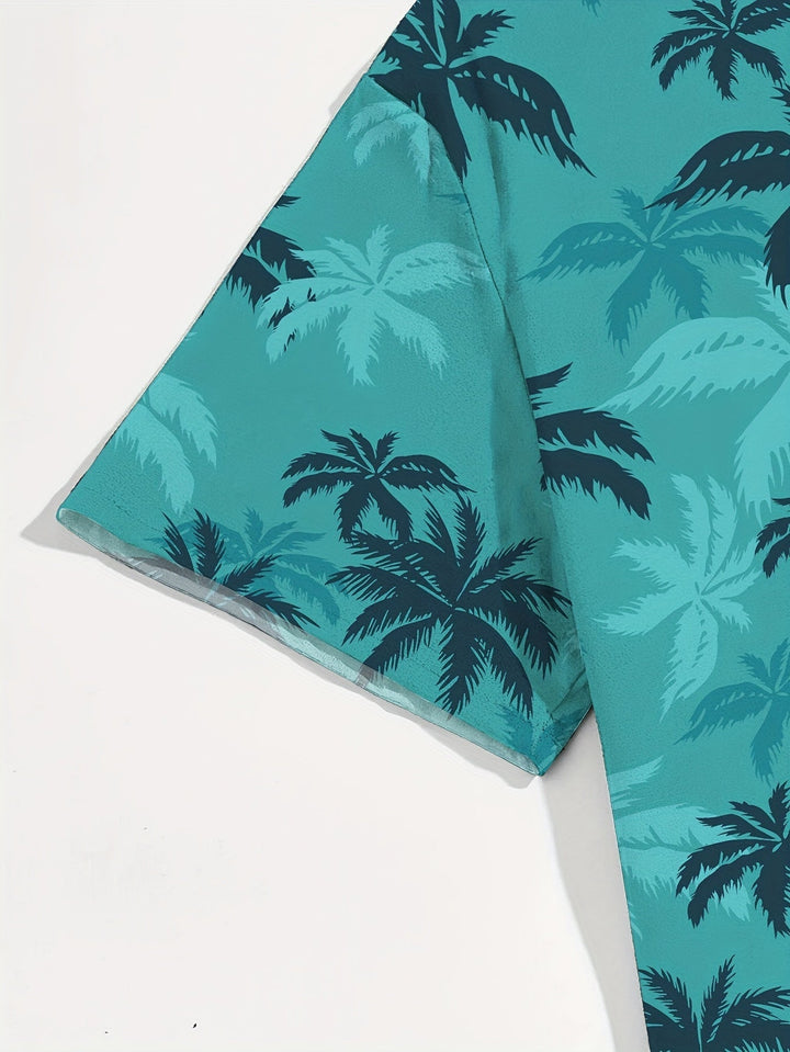 Man wearing a stylish men's tropical palm tree print short sleeve casual shirt.
