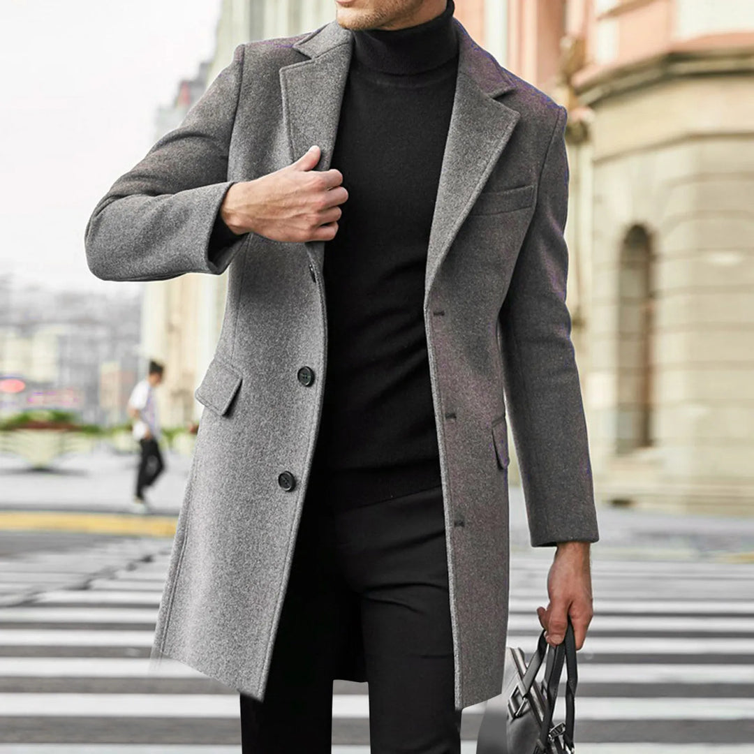 Men's single-breasted long overcoat in classic style, perfect warm winter jacket.