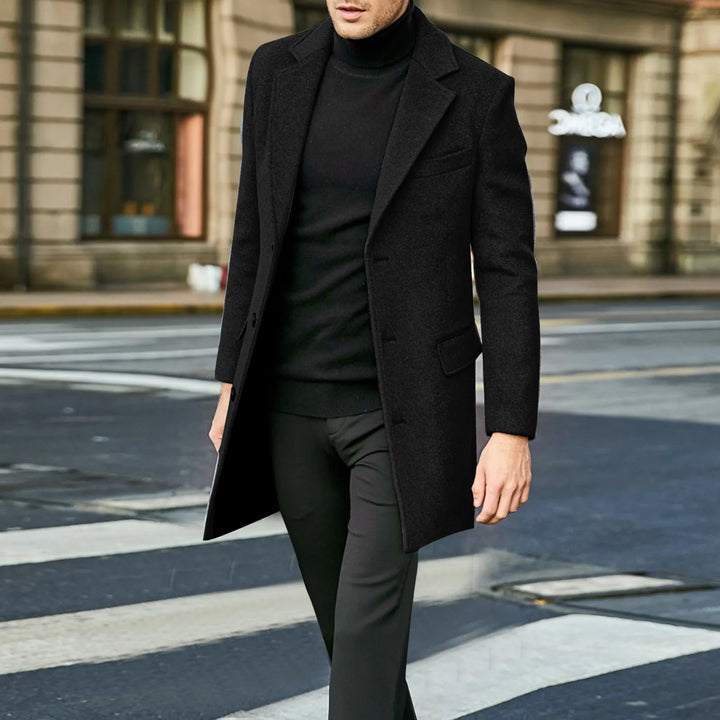 Stylish men's warm coat, a single-breasted long overcoat with notched lapel.