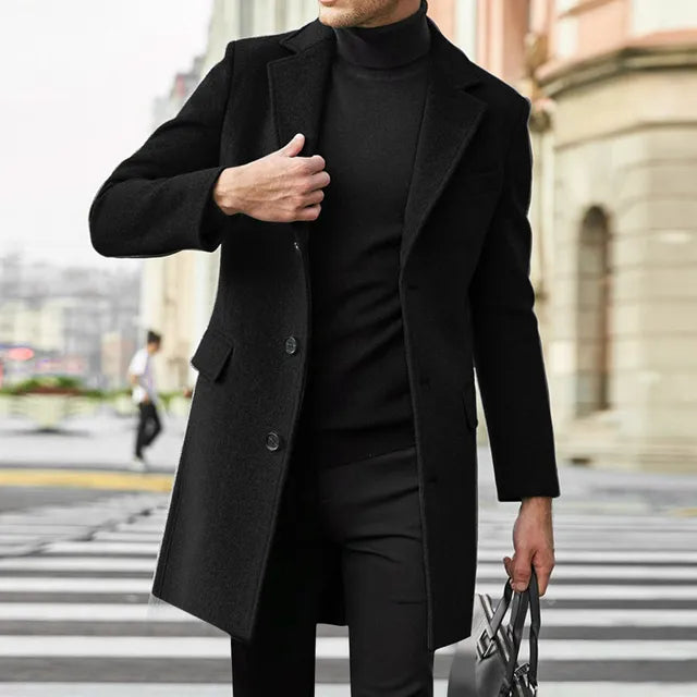 Menswear outerwear: a fashionable and warm single-breasted long overcoat for winter.