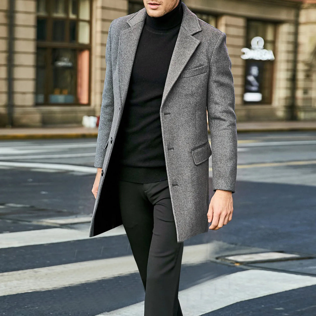Classic men's single-breasted long coat for superior warmth and timeless style.