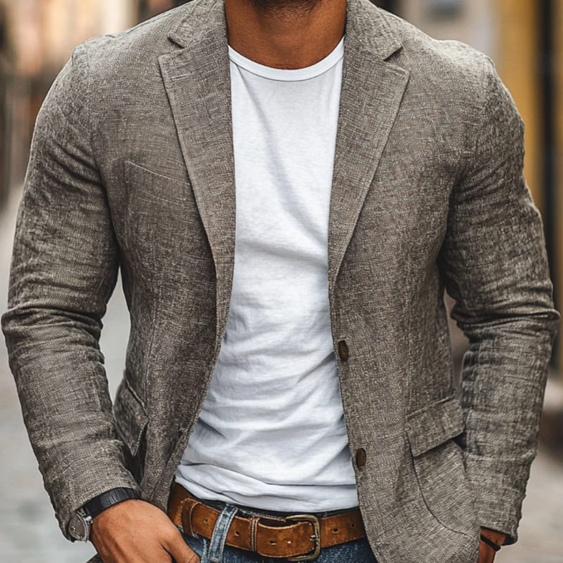 Single-breasted men's blazer, smart-casual style. Lightweight, breathable jacket for versatile spring/autumn layering.