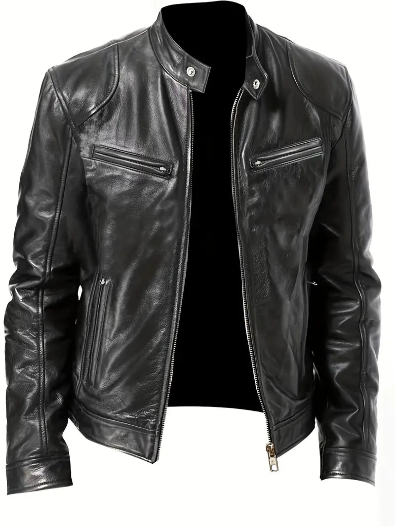 Men's sleek black slim fit racer jacket with band collar, perfect modern outerwear.