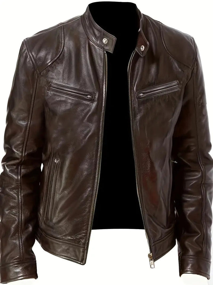 Stylish men's slim fit racer jacket, black, with a band collar and zipper pockets.