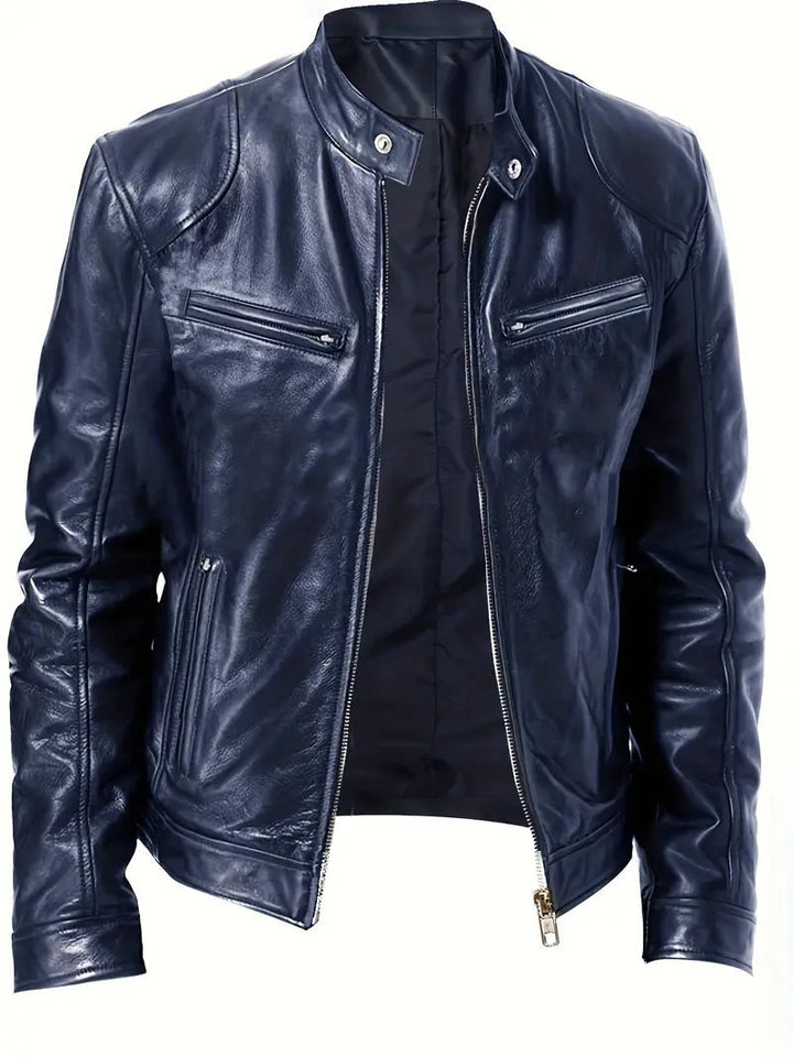 Black men's slim fit racer jacket featuring a sleek design and comfortable band collar.