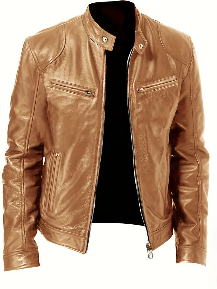 Modern men's casual racer jacket, slim fit, with a distinctive band collar and zipper details.