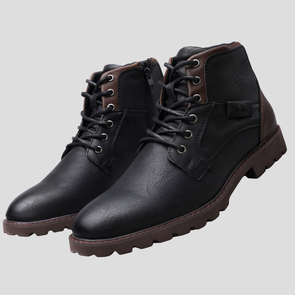 Men's sleek black zipper dress boots, perfect for formal or stylish casual wear. Easy-wear ankle footwear.