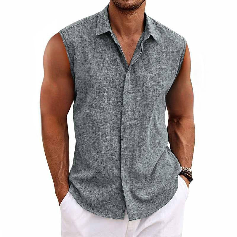 Men's sleeveless button-down shirt with a relaxed fit, perfect for casual summer wear & comfort. Breathable fabric.