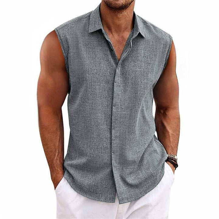 Men's sleeveless button-down shirt with a relaxed fit, perfect for casual summer wear & comfort. Breathable fabric.