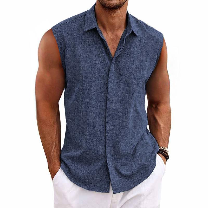 Stylish men's sleeveless button-down shirt in a relaxed fit. Ideal for warm weather, vacation, or casual outfits.