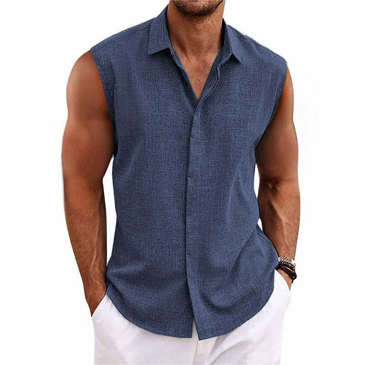 Stylish men's sleeveless button-down shirt in a relaxed fit. Ideal for warm weather, vacation, or casual outfits.
