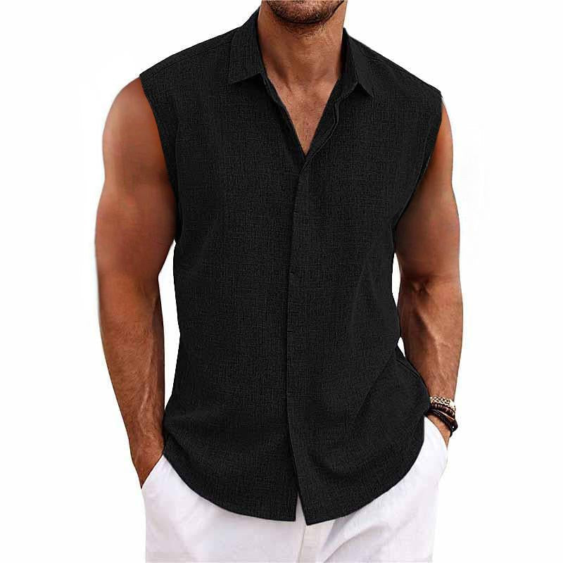 Comfortable men's sleeveless button-down shirt, relaxed fit. Breathable casual wear for summer & warm weather fashion.