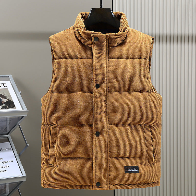 Men's sleeveless puffer vest with stand collar & snap closure. Ideal for stylish winter layering & casual wear.