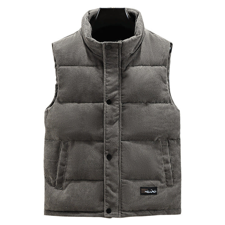 Fashionable men's quilted puffer vest with stand collar. A warm, sleeveless option for winter layering.