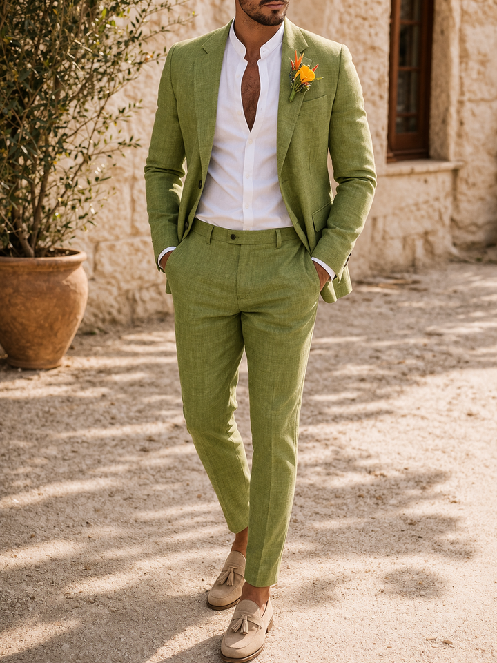 Stylish men's slim fit blazer and trousers. Perfect two-piece formal suit for smart casual or special events menswear.
