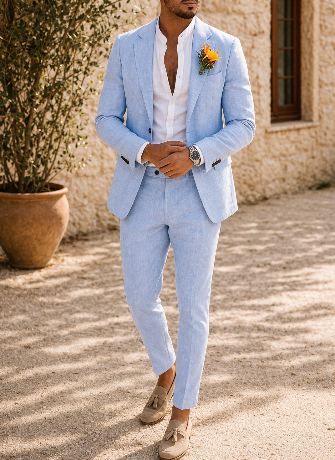 Versatile men's slim fit suit. Ideal for summer weddings, special events & formal wear. Comfortable tailored menswear.