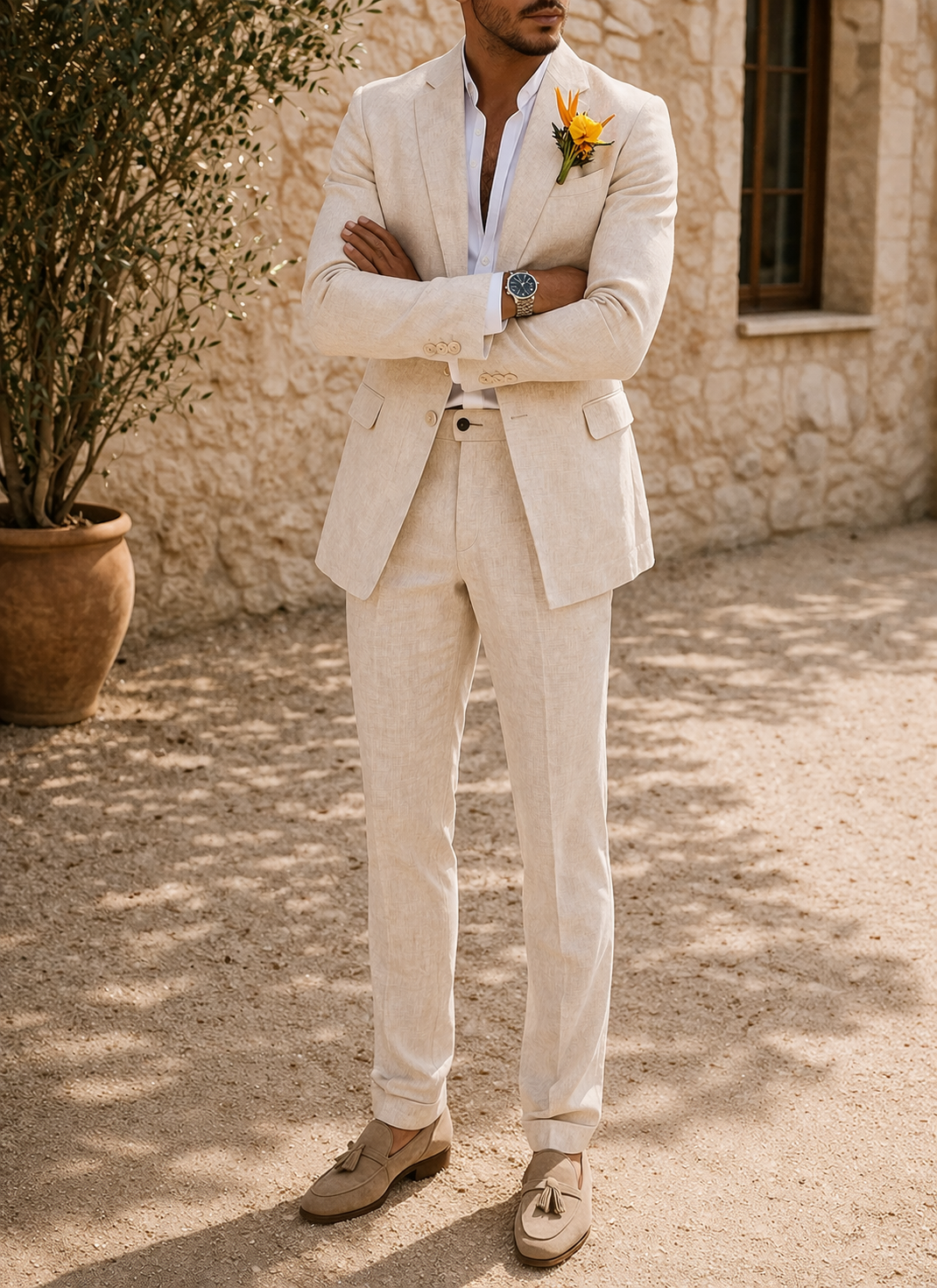 Sharp men's slim fit two-piece suit. Modern tailoring for wedding guests & formal occasions. Elegant menswear.