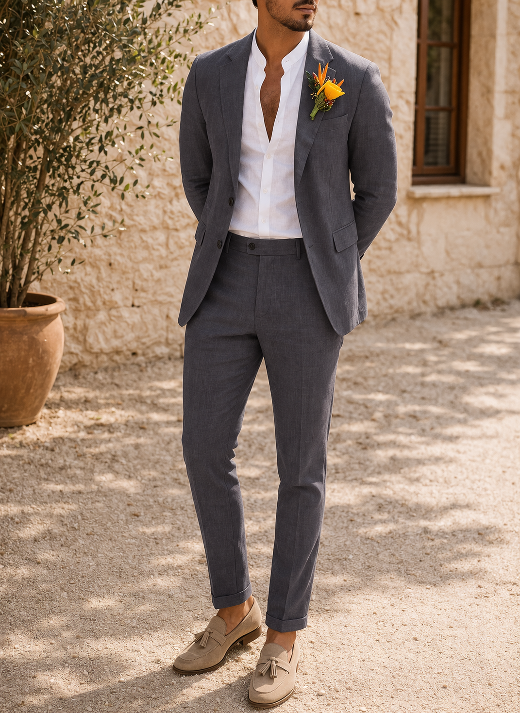 Dapper men's slim fit suit with blazer & trousers. Formal wear for weddings, proms, and special events. Versatile.