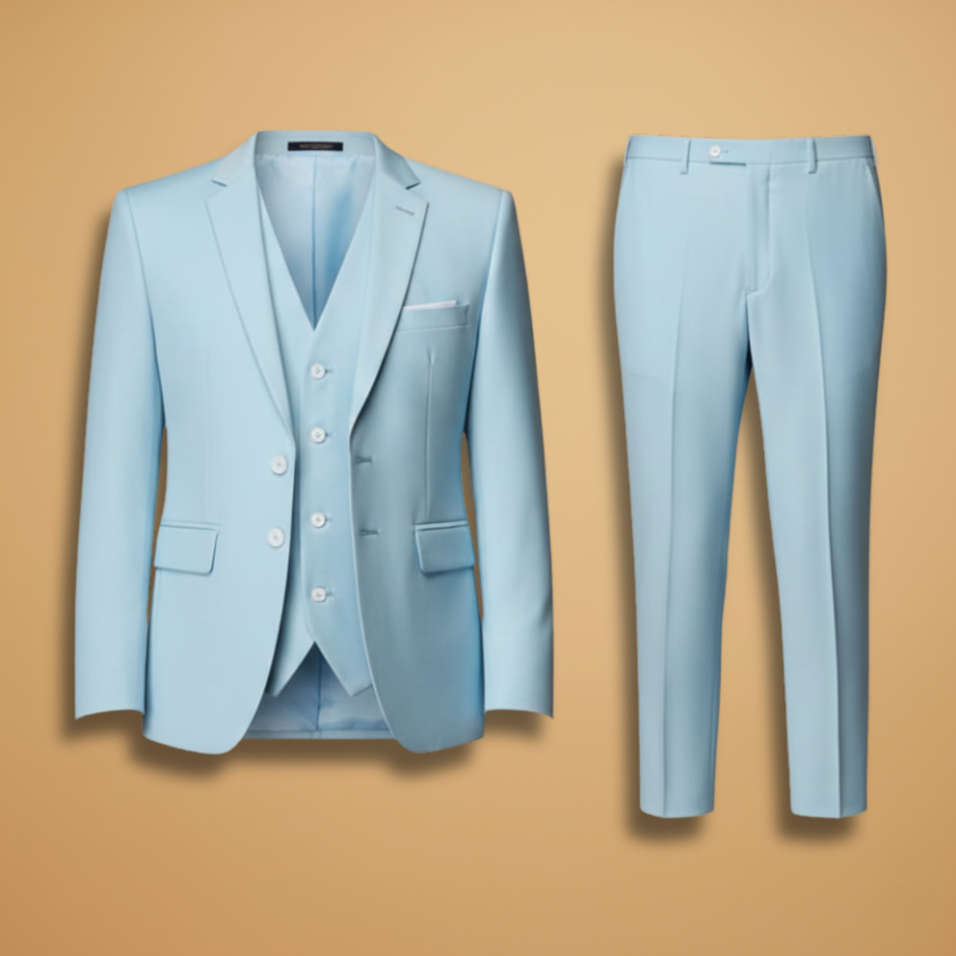 Men's slim fit 3-piece navy blue formal suit for business and weddings.