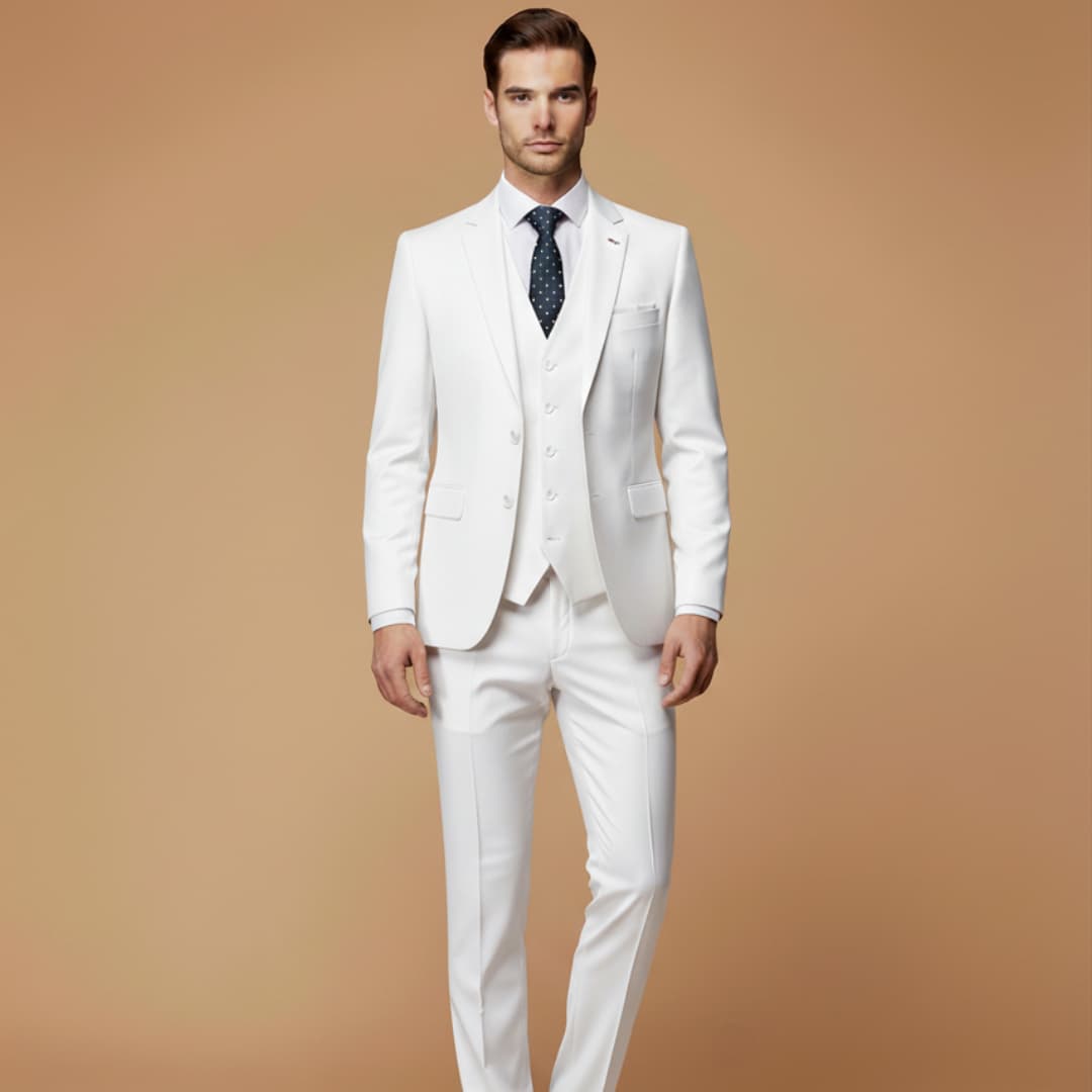 Men's casual yet formal 3-piece suit, slim fit design.