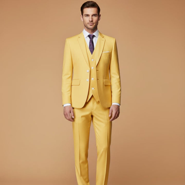A man wearing a sharp navy slim fit 3-piece suit for a gala.