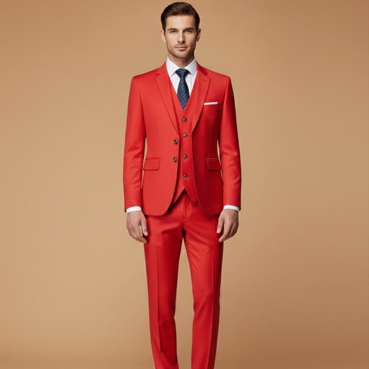 Contemporary men's formal wear: a slim fit 3-piece suit.