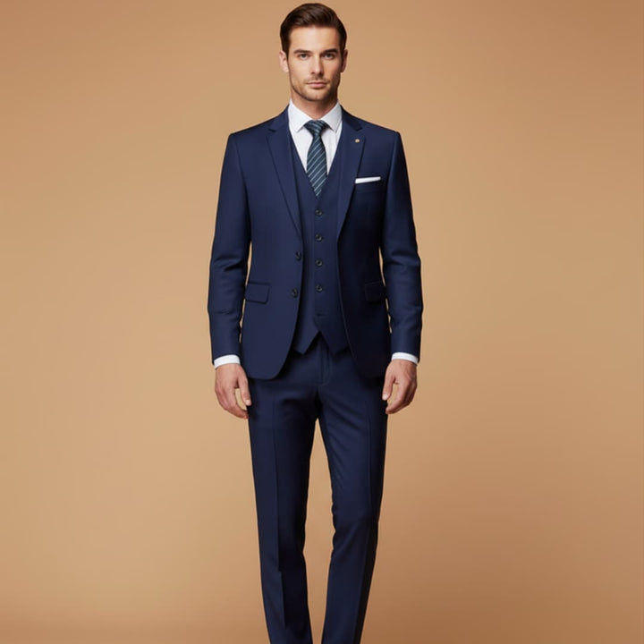 Elegant burgundy men's formal suit, 3-piece slim fit style.