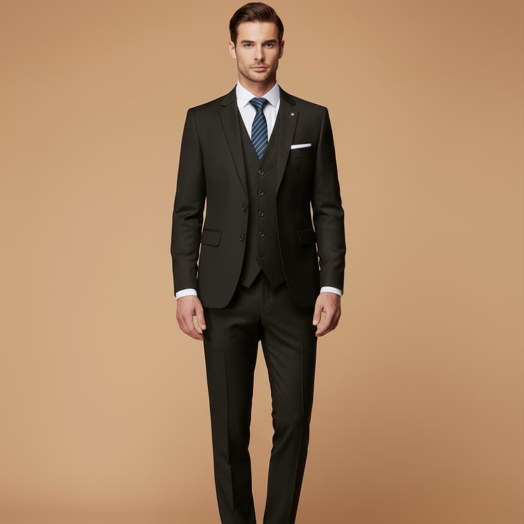 Full view of a men's slim fit 3-piece business suit in charcoal.