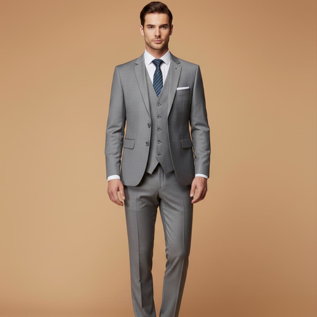 Stylish men's slim fit suit ensemble, 3-piece formal wear.