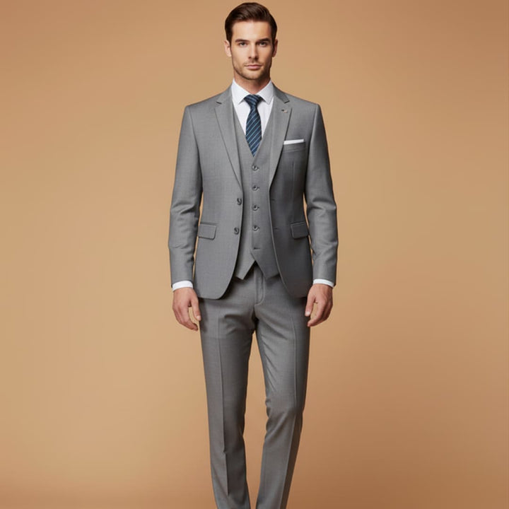 Stylish men's slim fit suit ensemble, 3-piece formal wear.
