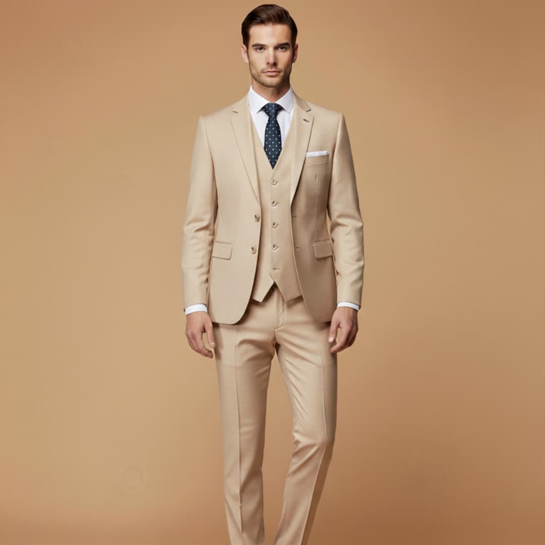Detail shot of a tailored 3-piece men's suit, slim fit cut.