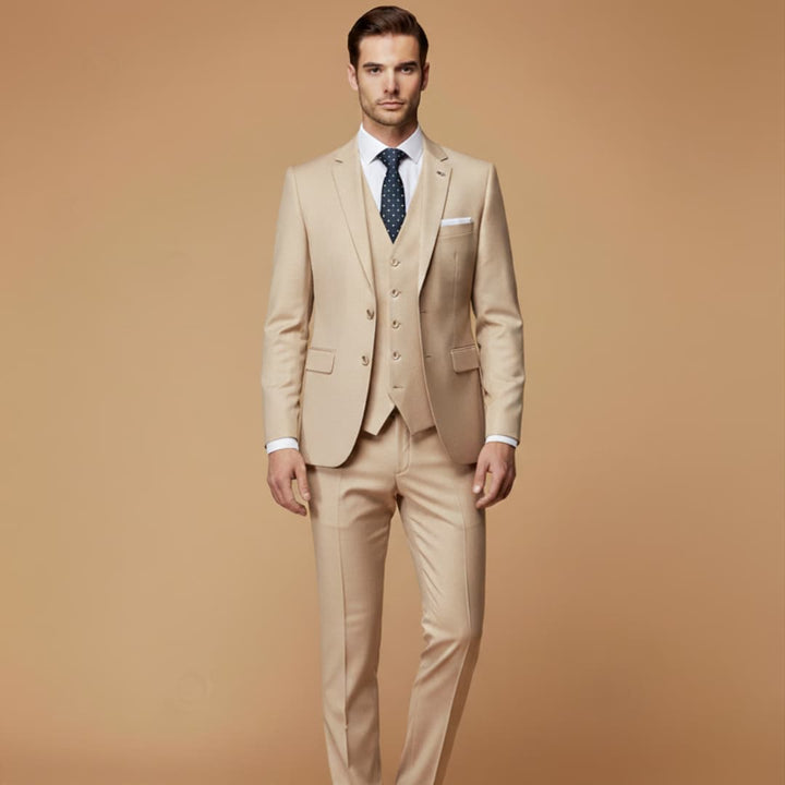 Detail shot of a tailored 3-piece men's suit, slim fit cut.