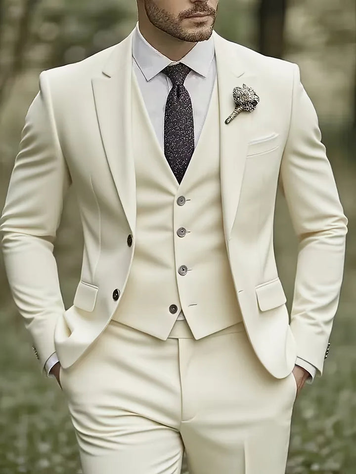 Men's slim fit 3-piece suit with notched lapels. Perfect for weddings & formal events.
