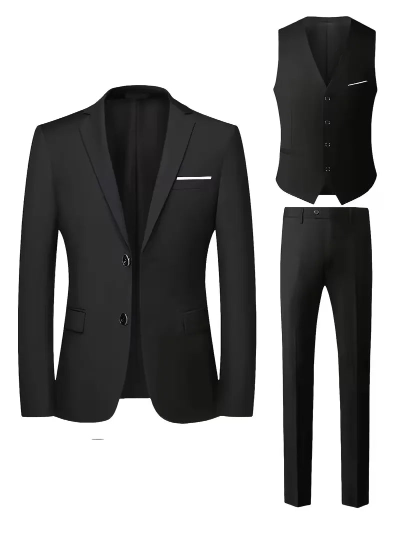 Business professional men's slim fit suit, 3-piece design with stylish notched lapels.