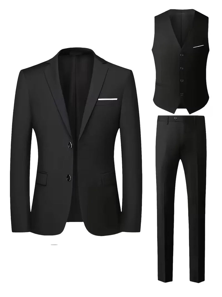 Business professional men's slim fit suit, 3-piece design with stylish notched lapels.