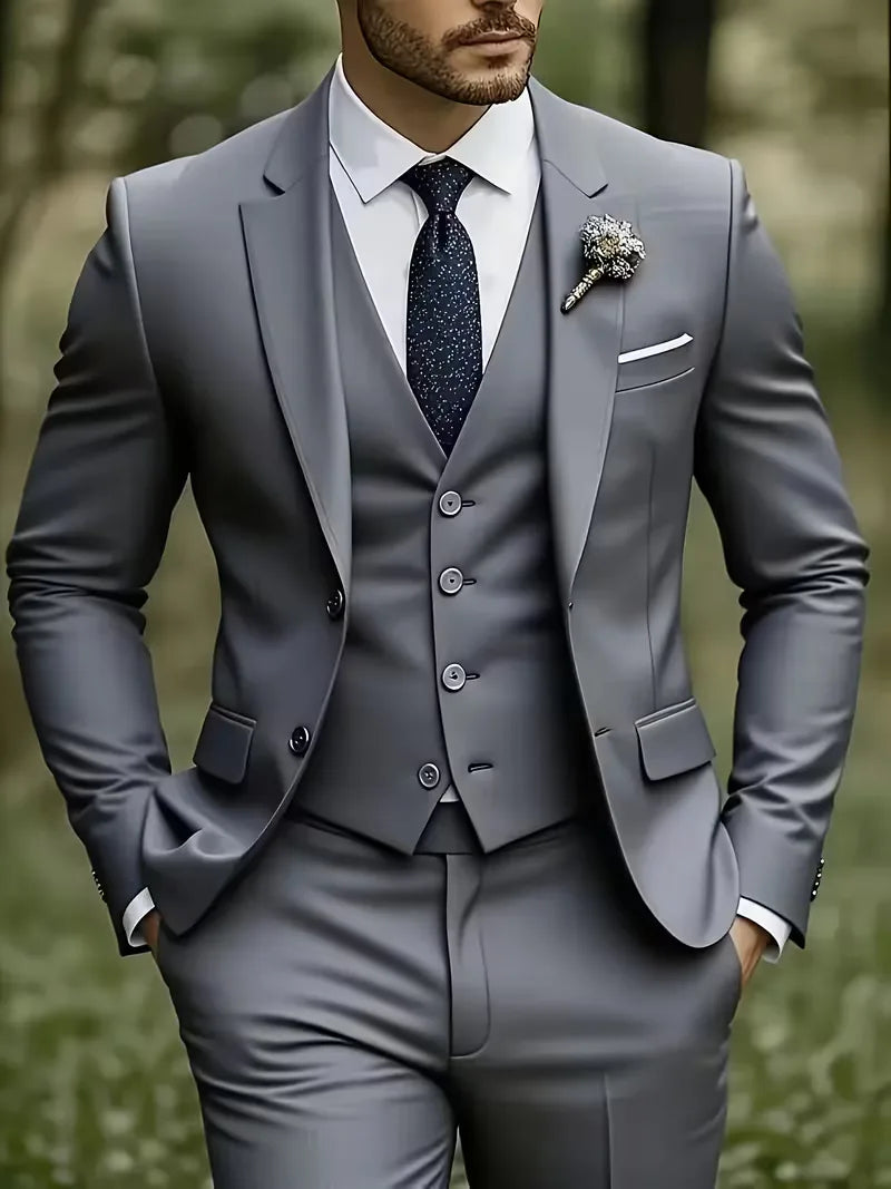 Fashionable men's slim fit 3-piece suit, notched lapels & waistcoat for a dapper look.