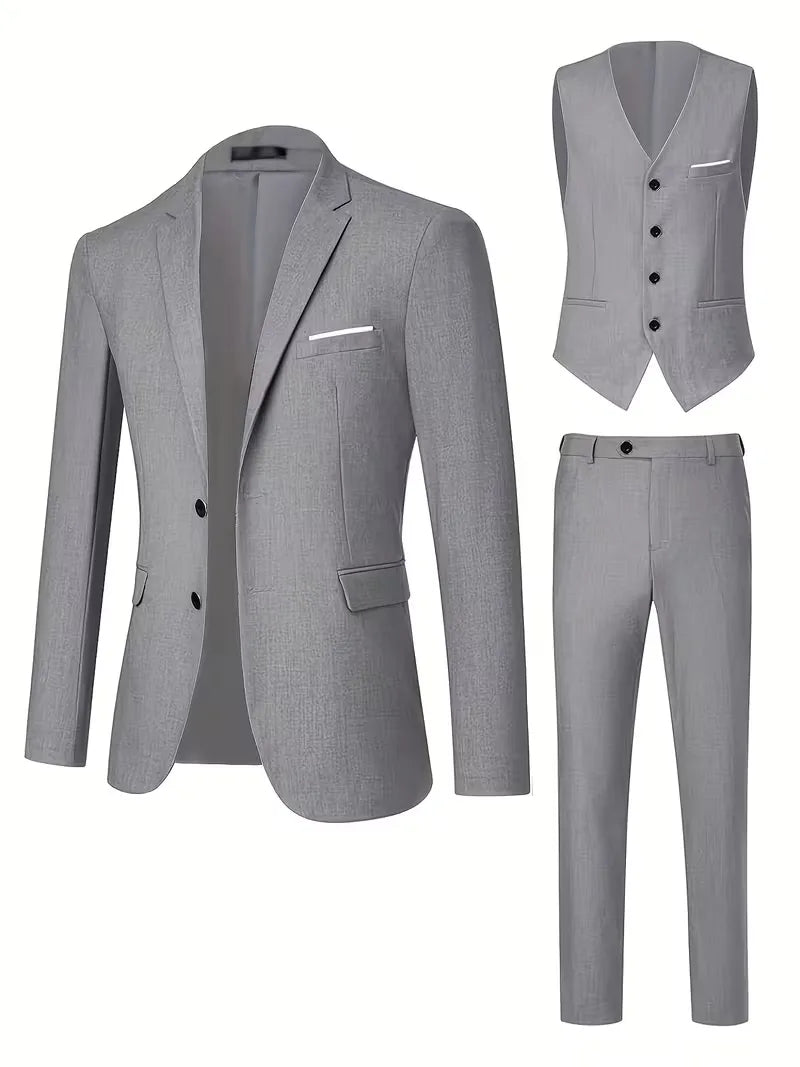 Contemporary men's slim fit three-piece suit, with notched lapels & formal waistcoat.