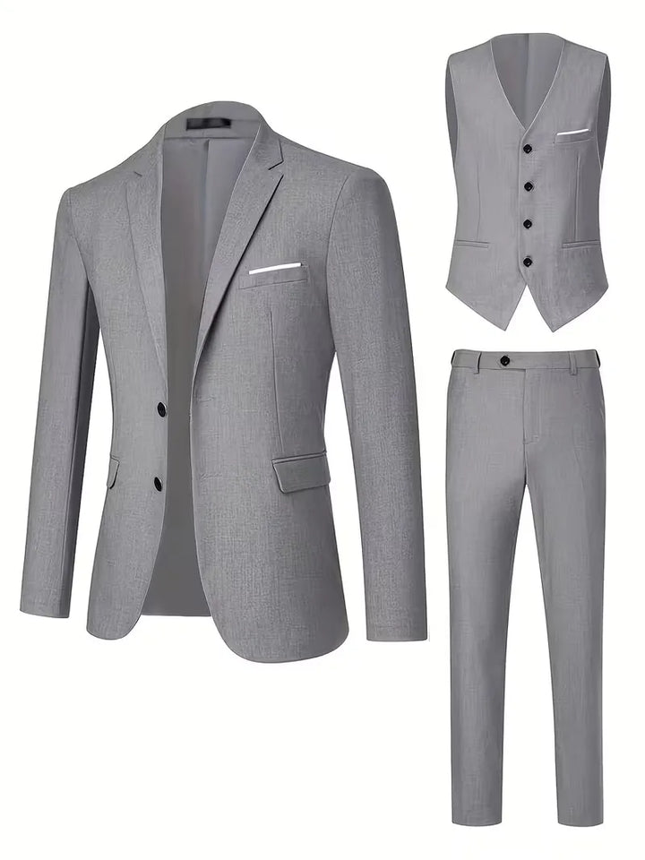 Contemporary men's slim fit three-piece suit, with notched lapels & formal waistcoat.