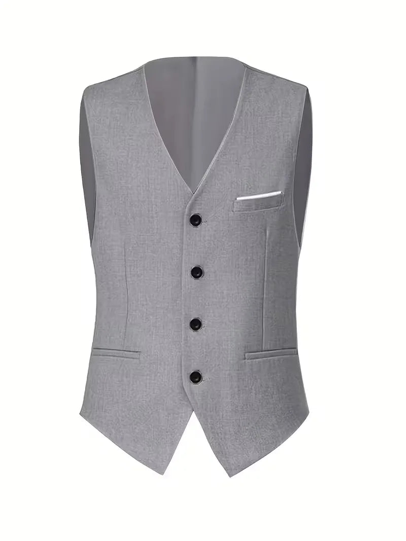 Groomsmen's men's slim fit 3-piece suit, notched lapels, ideal for wedding party attire.