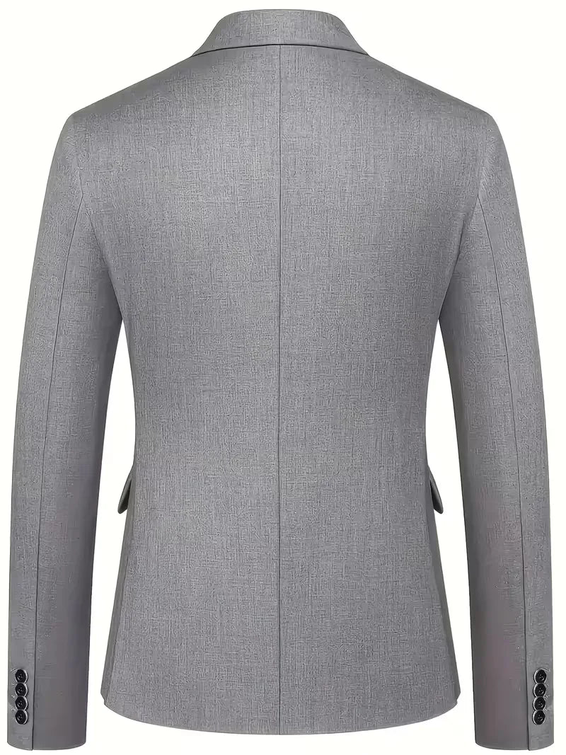 Refined men's slim fit suit, three-piece with waistcoat, notched lapels. Business or wedding.